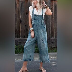 Three Bird Nest Distressed Blue Overalls